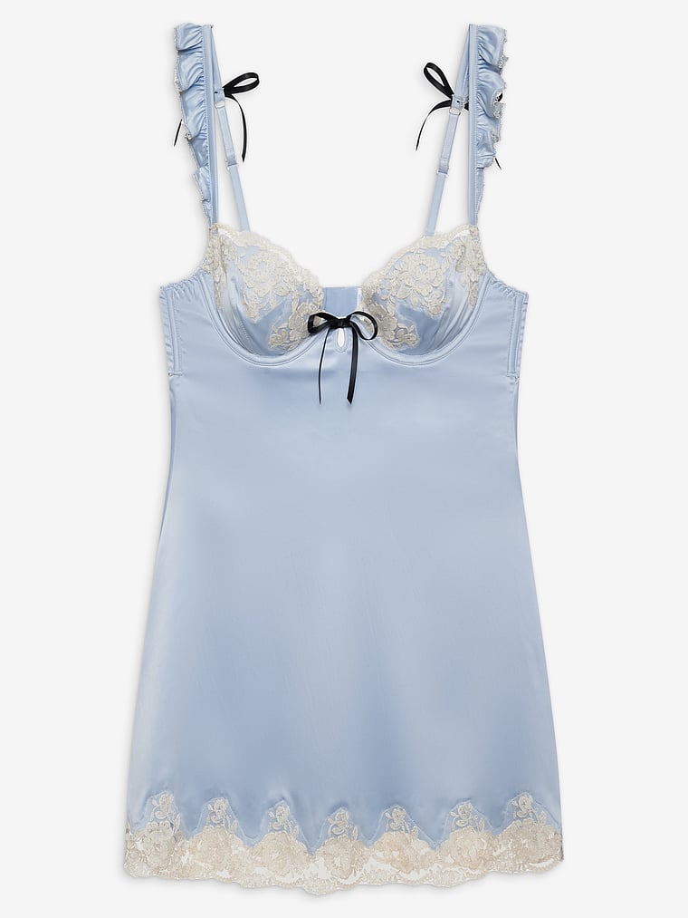 Victoria's Secret, For Love & Lemons Sweetheart Negligé aus Satin, Sweetheart-Blau, offModelFront, 3 of 4
