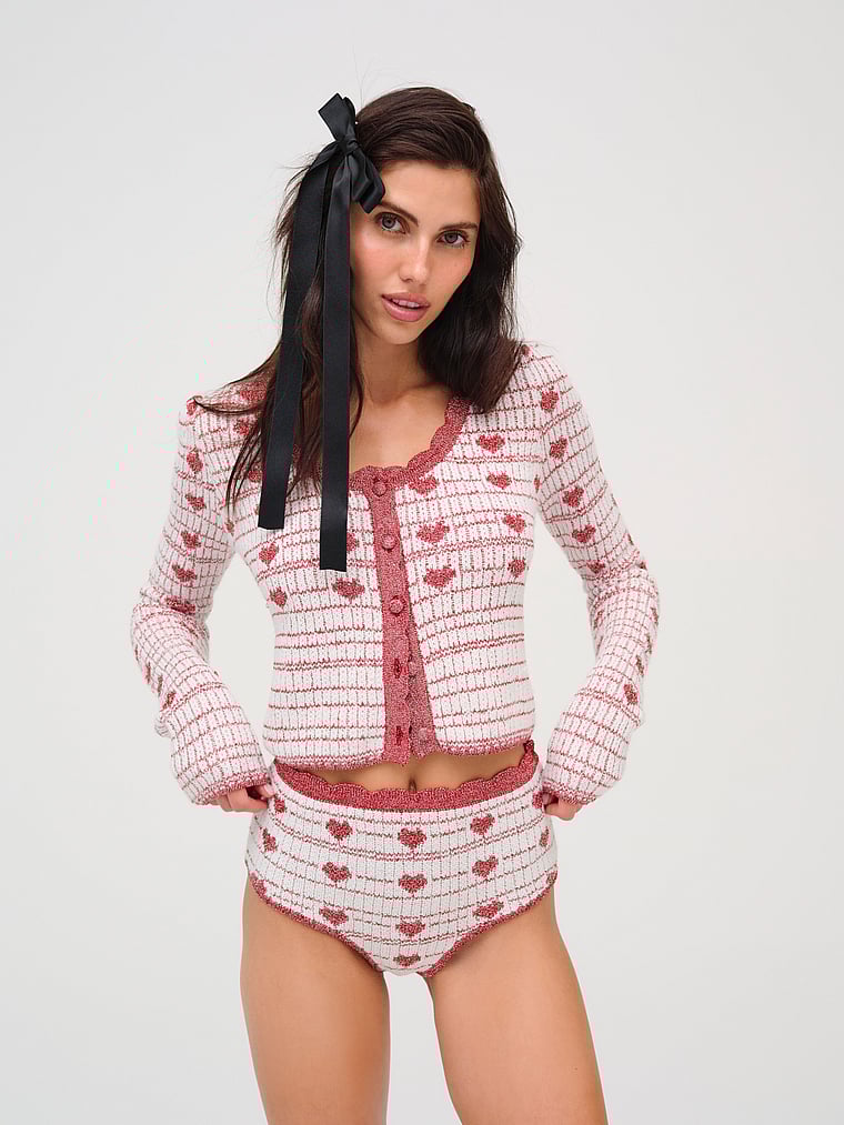 Victoria's Secret, For Love & Lemons Candy Heart Knit Cardigan, Cream, onModelFront, 1 of 3