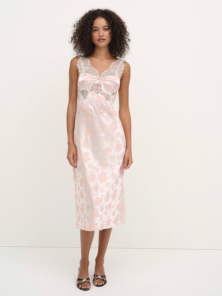 Victoria's Secret, For Love & Lemons Audrey Jacquard Midi Slip, Peach, onModelFront, 1 of 4