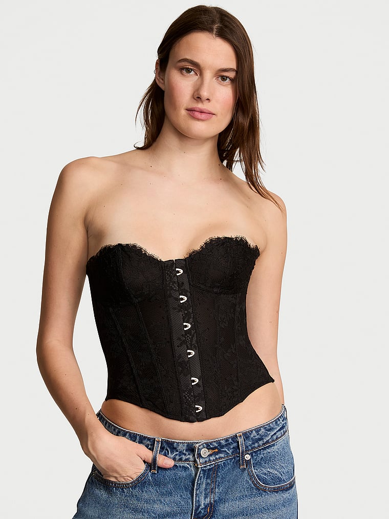 Victoria's Secret, Very Sexy Dare to Dream Lace Strapless Corset Top, Black, onModelFront, 1 of 3 Mackenzie is 5'10" or 178cm and wears 34B or Small