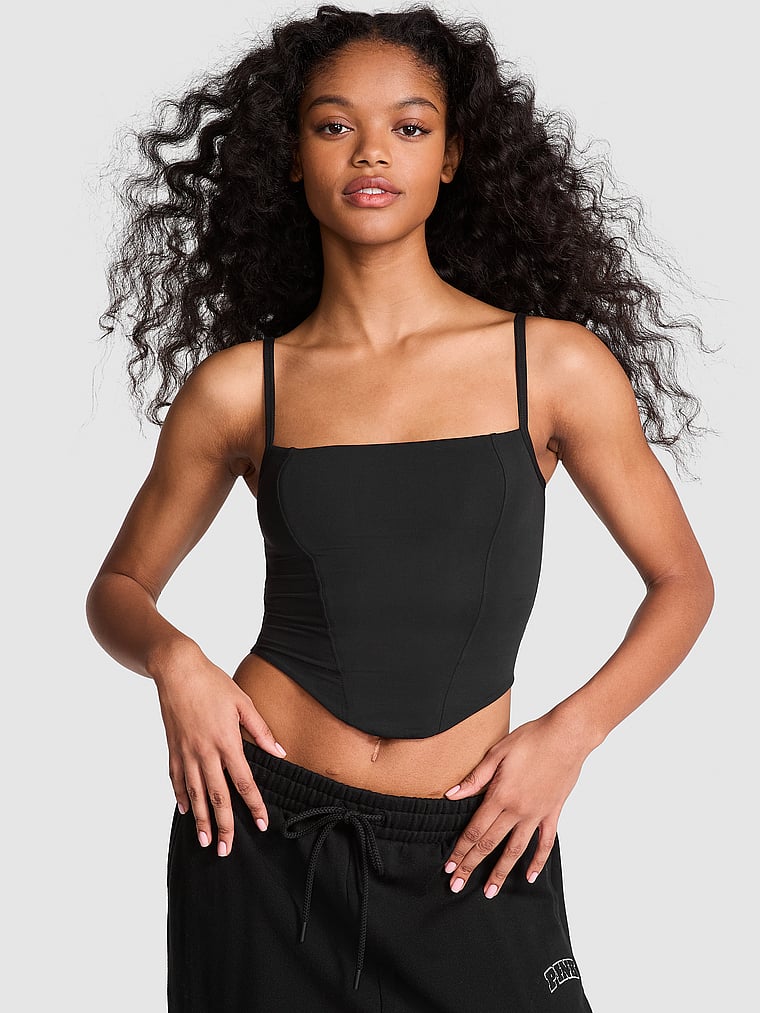 PINK Bralettes & Bra Tops Base Stretch Corset Top, Black, onModelFront, 1 of 3 Jordan is 5'9" or 175cm and wears 34B or Small