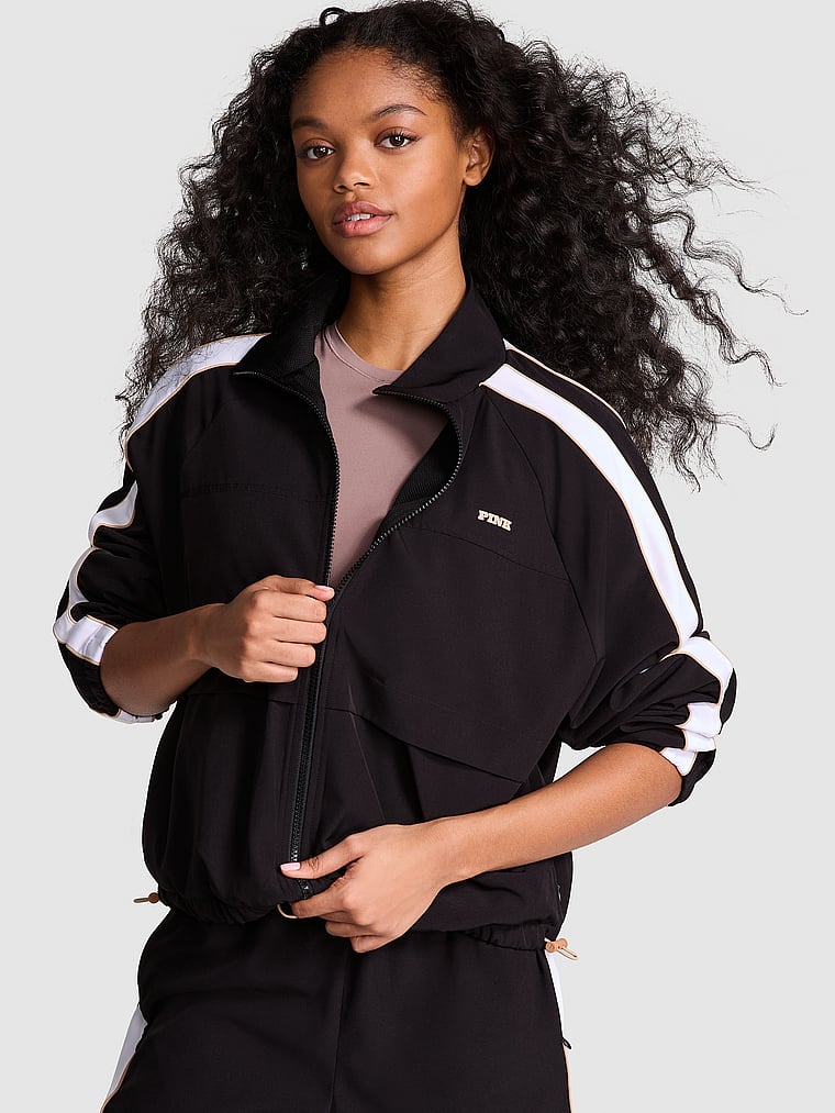 PINK Tech Woven Full-Zip Jacket, Pure Black, onModelFront, 1 of 4 Jordan is 5'9" or 175cm and wears Small