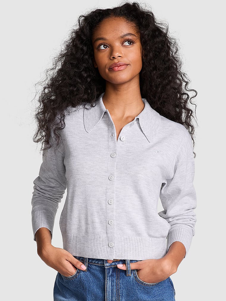 PINK by Frankies Bikinis Oakley Knit Cardigan, Heather Chrome, onModelFront, 1 of 3 Jordan is 5'9" or 175cm and wears Small