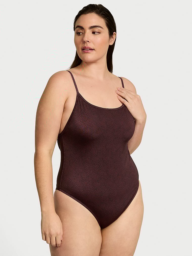 Victoria's Secret, Victoria's Secret Swim VS Archives Strappy Hardware Cheeky One-Piece Swimsuit, Burgundy Dots, onModelFront, 1 of 3
