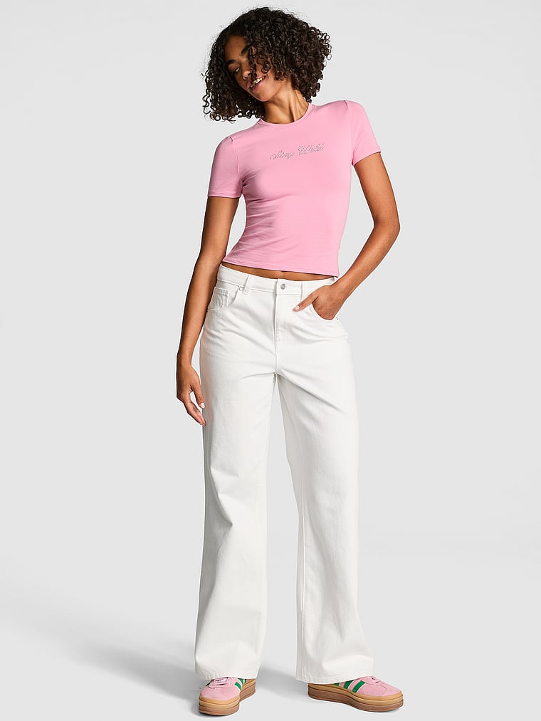 PINK Denim by PINK High-Rise Straight Jeans, Vs White, onModelFront, 1 of 4 Vanessa is 5'10" or 178cm and wears Small