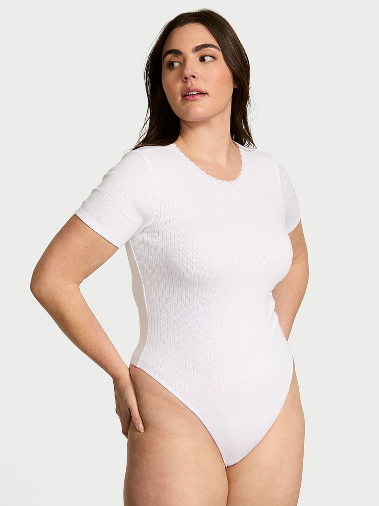 Victoria's Secret, Victoria's Secret Pointelle Modal Short-Sleeve Bodysuit, Vs White, onModelFront, 1 of 3
