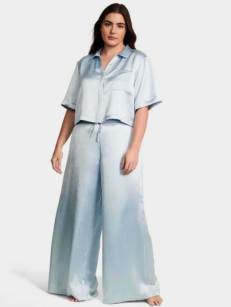 Victoria's Secret, Victoria's Secret Luxe Satin Boxy Cropped Long Pajama Set, Pale Blue, onModelFront, 1 of 3