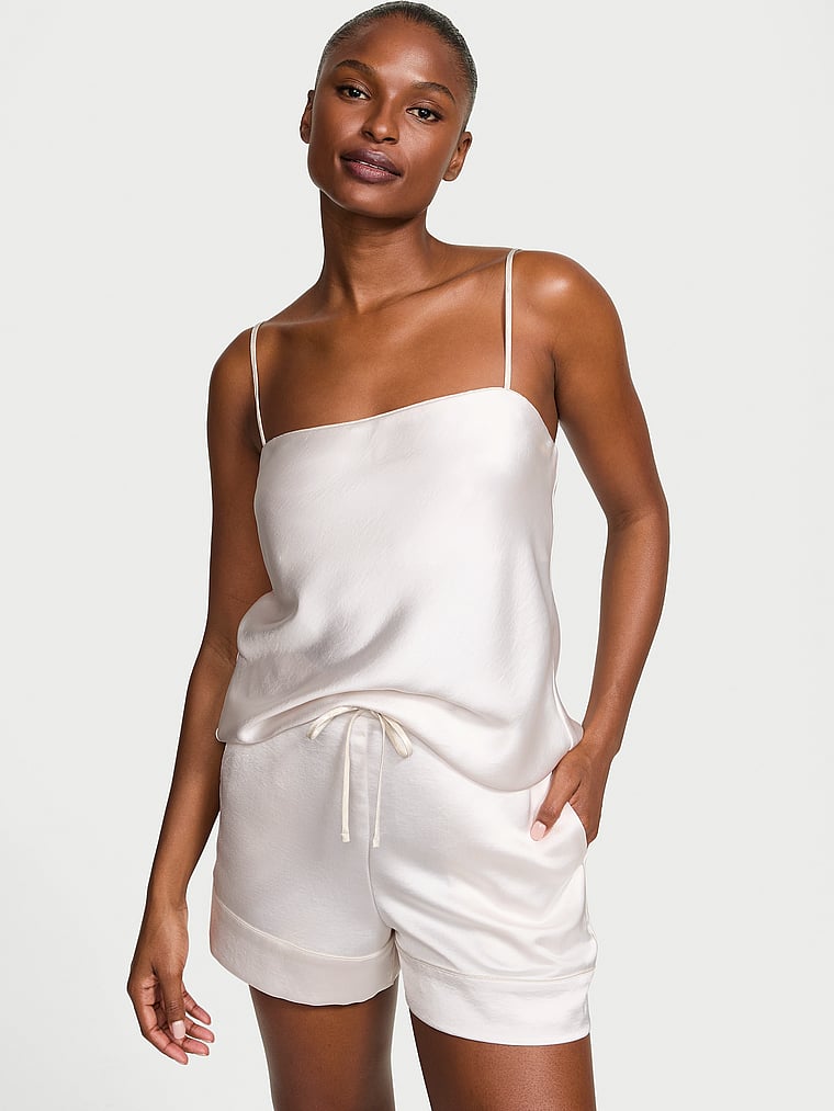 Victoria's Secret, Victoria's Secret Luxe Satin Cami Set, Coconut White, onModelFront, 1 of 4 Tsheca is 5'9" or 175cm and wears Small