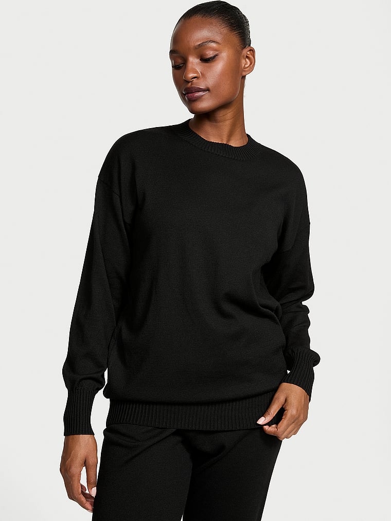 Victoria's Secret, Victoria's Secret Luxe Knit Crewneck Sweater, BLACK, onModelFront, 1 of 4 Tsheca is 5'9" or 175cm and wears Small