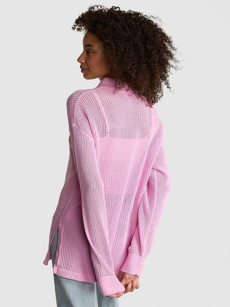 PINK Crochet Button-Down Top, Pink Lollipop, onModelBack, 1 of 4 Drew is 5'9" or 175cm and wears Small