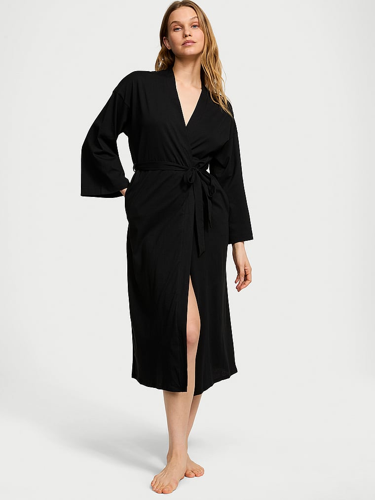 Victoria's Secret, Victoria's Secret 100% Cotton Long Robe, Black, onModelFront, 1 of 3 Lotta is 5'10" or 178cm and wears Small