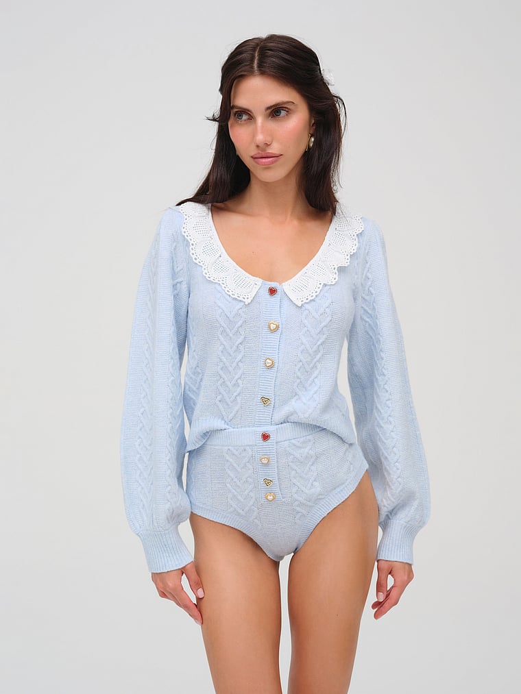 Victoria's Secret, For Love & Lemons Cupid Cable Knit Cardigan, Blue, onModelFront, 1 of 4