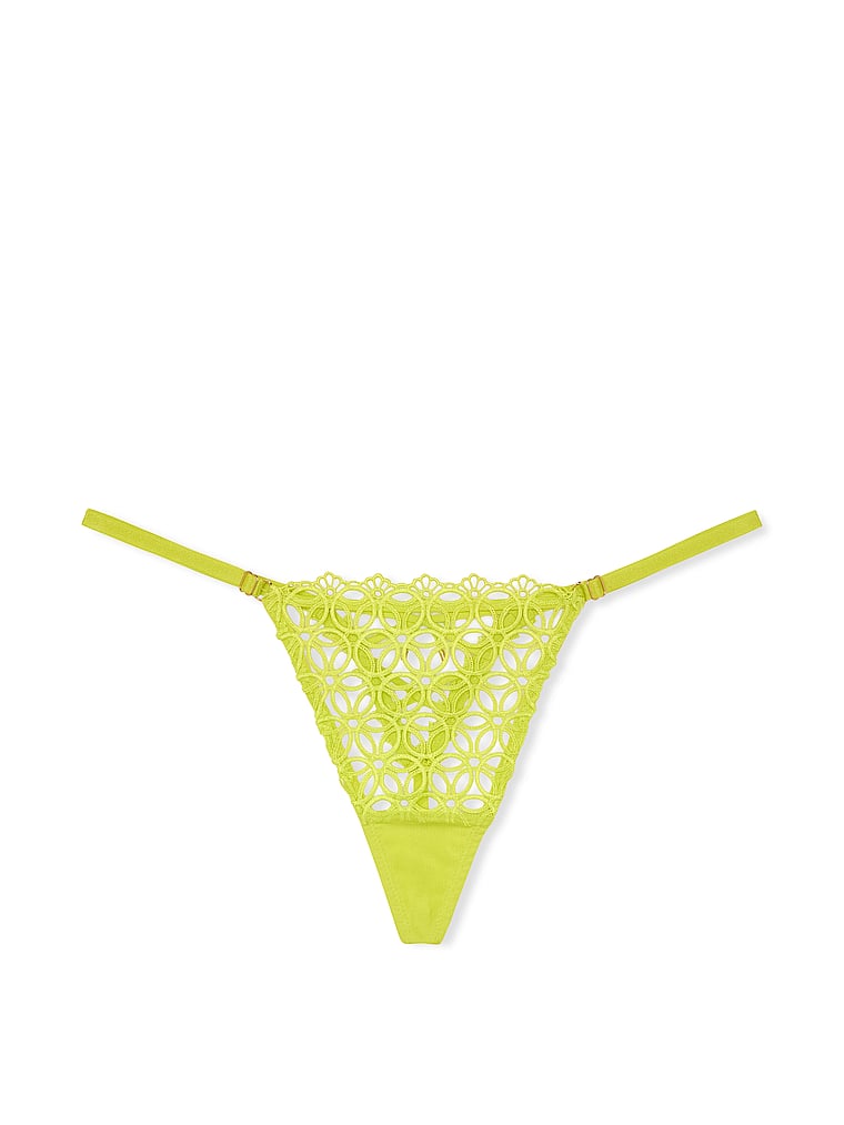 Victoria's Secret, Very Sexy Verstellbarer V-String mit Gänseblümchenspitze und geometrischem Muster, Helles Limettengrün, offModelFront, 3 of 4