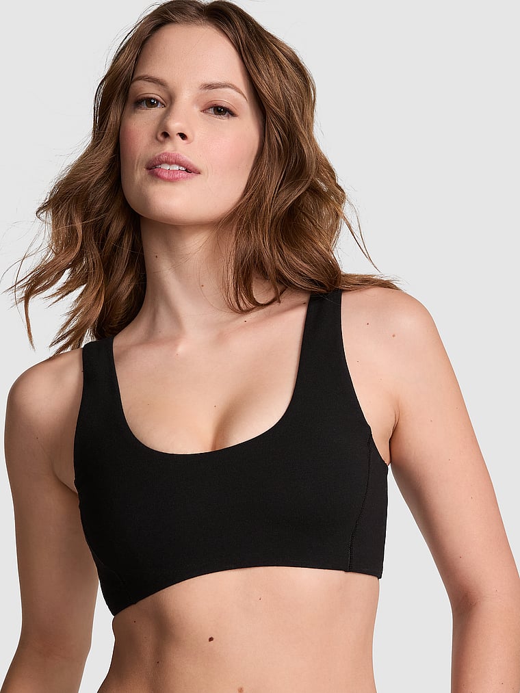 PINK All-Day Cotton Scoop Sports Bra, Pure Black, onModelFront, 1 of 4
