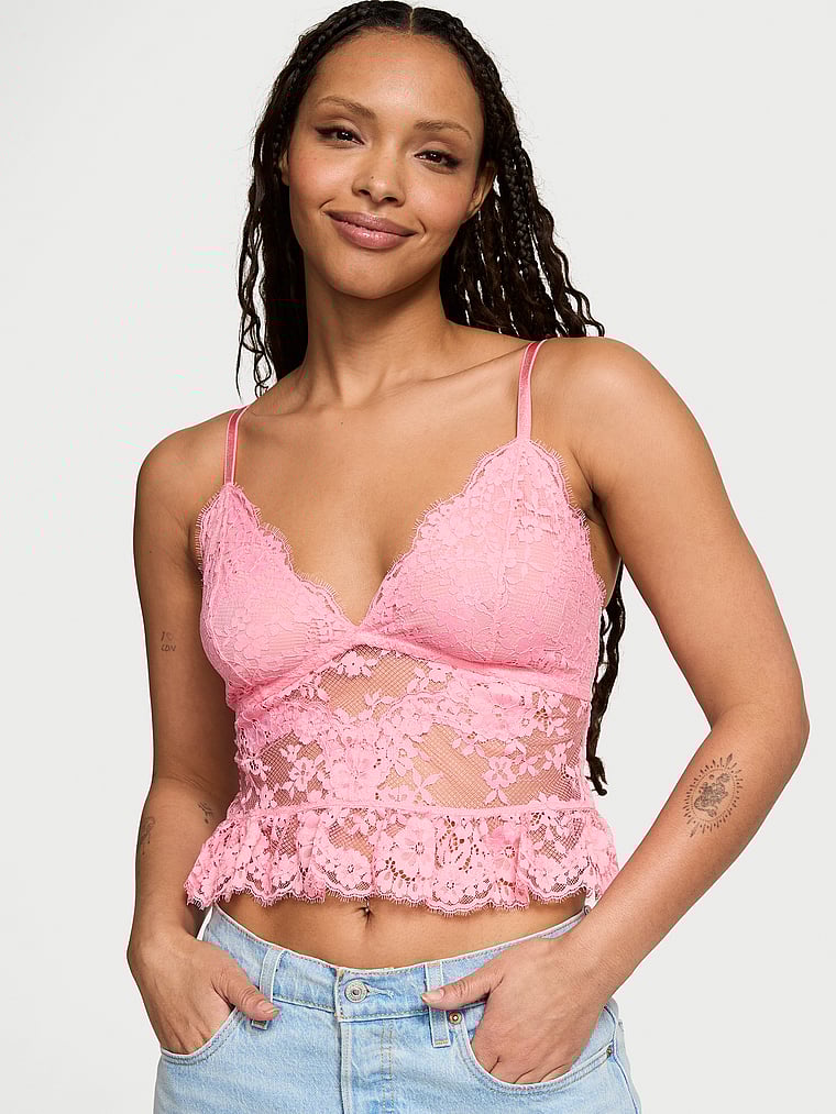 Victoria's Secret, Victoria's Secret Dare to Dream Lace Flounce Bra Top, Pink Hope, onModelFront, 1 of 4