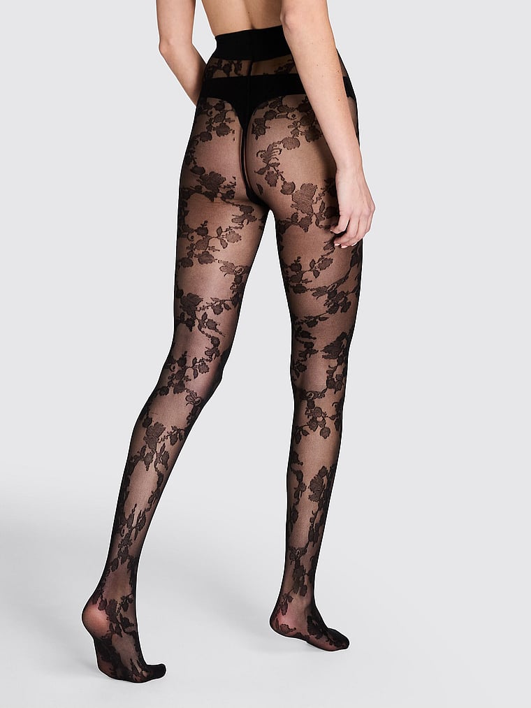 Victoria's Secret, BLUEBELLA Strumpfhose mit Spitzendesign, Schwarz, onModelBack, 2 of 3