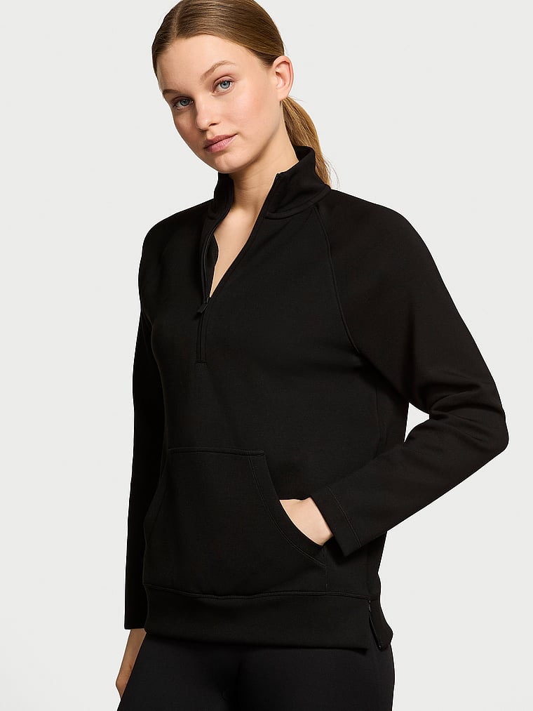 Victoria's Secret, VSX VSX Featherweight Knit Half-Zip Long-Sleeve Top, Pure Black, onModelFront, 1 of 3 Lotta is 5'10" or 178cm and wears Small