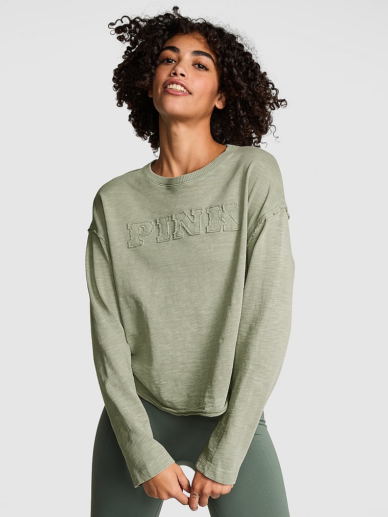 PINK Lightweight Lounge Crew Sweatshirt, Green Garden, onModelFront, 1 of 3 Vanessa is 5'10" or 178cm and wears Small