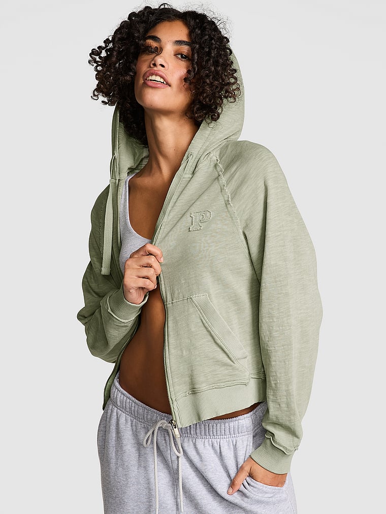 PINK Lightweight Lounge Full-Zip Hoodie, Green Garden, onModelFront, 1 of 4 Vanessa is 5'10" or 178cm and wears Small