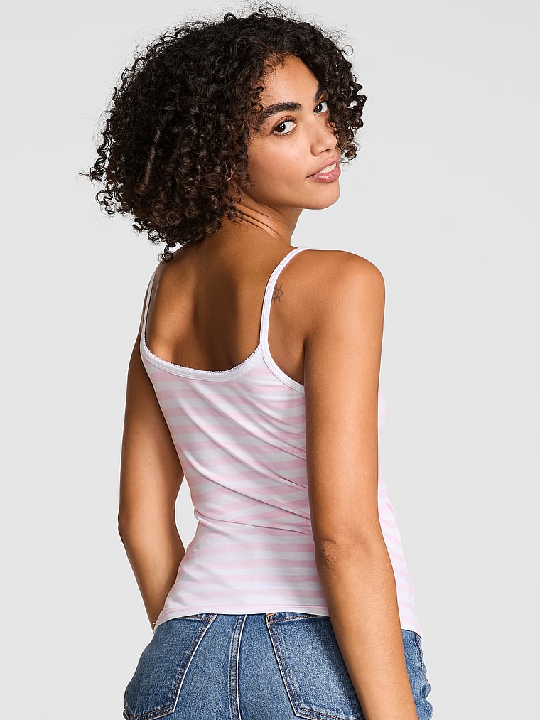 PINK von Frankies Bikinis Jade Tanktop aus Baumwolle, Pfingstrose mit Streifen, onModelBack, 2 of 3 Vanessa ist 5'10" oder 178cm und trägt S