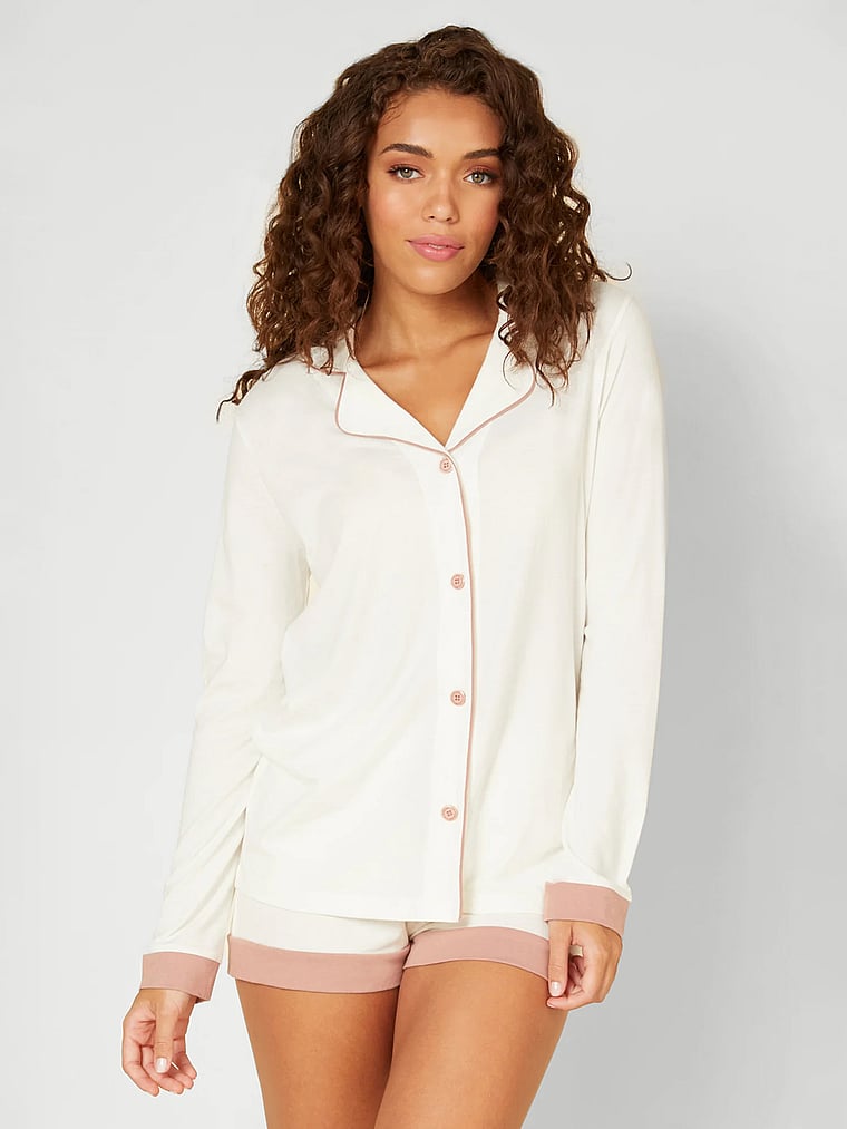 Victoria's Secret, Cosabella Bella Long-Sleeve Top and Boxer Set, White/Ivory, onModelFront, 1 of 3