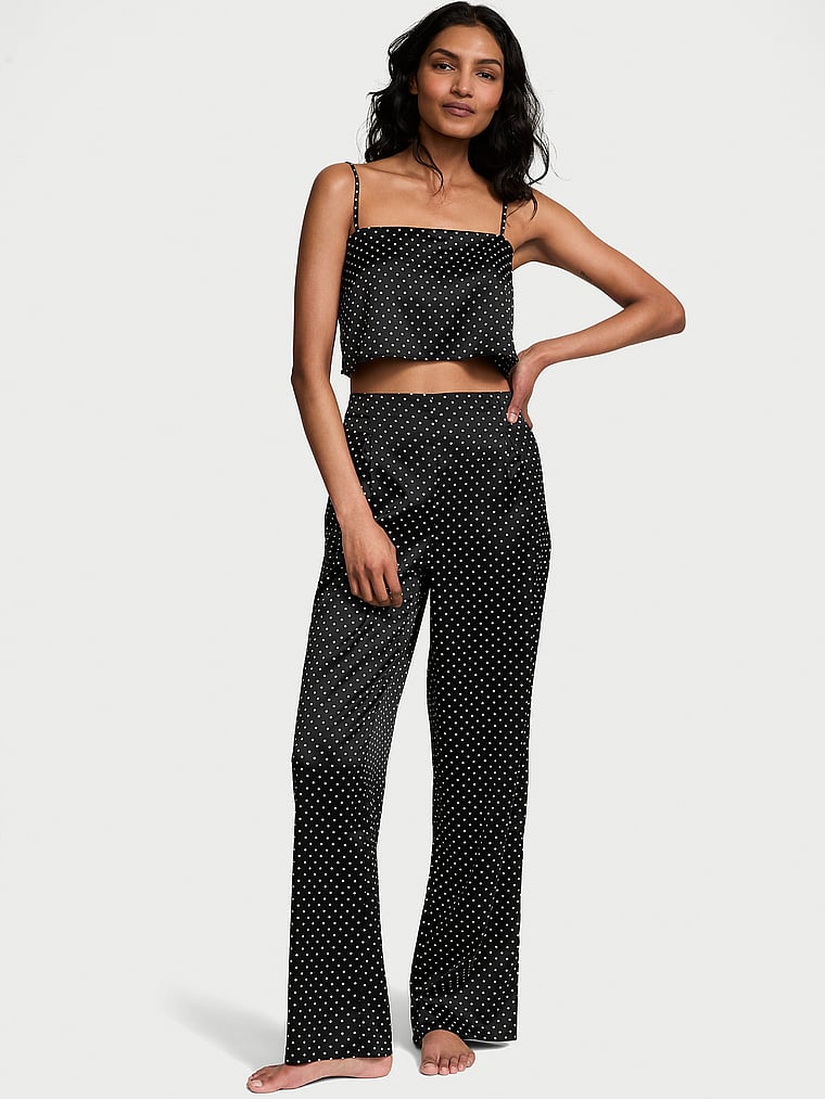 Victoria's Secret, Victoria's Secret Satin Cropped Pajama Set, Black Dots, onModelFront, 1 of 5 Shaanti is 5'9" or 175cm and wears Small