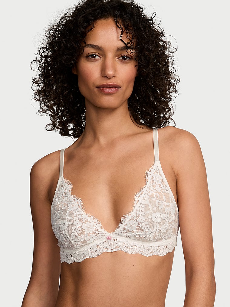 Victoria's Secret, Dream Angels Lace Triangle Bralette, Coconut White, onModelFront, 1 of 2 Nikita is 5'10" or 178cm and wears 34B or Small