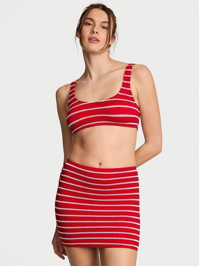 Victoria's Secret, Victoria's Secret Swim Crinkle Swim Cover-Up Skirt, Red & White Stripes, onModelFront, 1 of 3