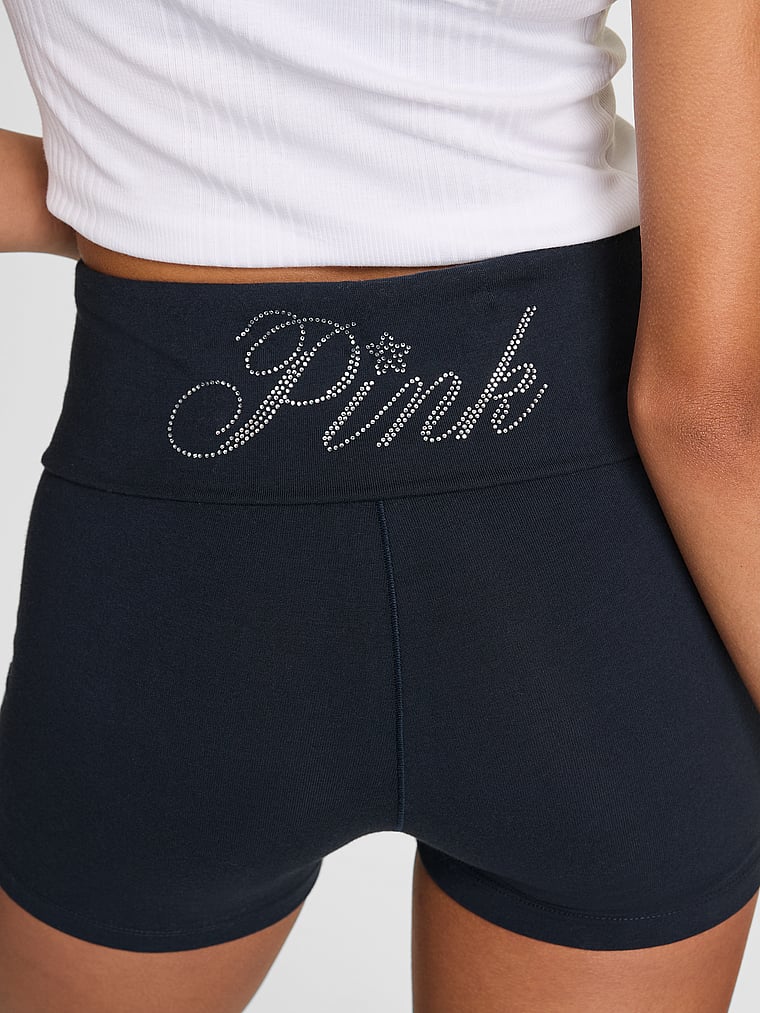 PINK All-Day 3" Radlershorts aus Baumwolle mit Umschlag, Dunkle Dämmerung mit Glitzer, detail, 3 of 4 Drew ist 5'9" oder 175cm und trägt S