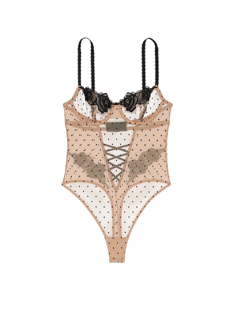 Victoria's Secret, Very Sexy Ungefütterter Balconette-Body mit transparenten Rosenpunkten, Praline, offModelFront, 4 of 4