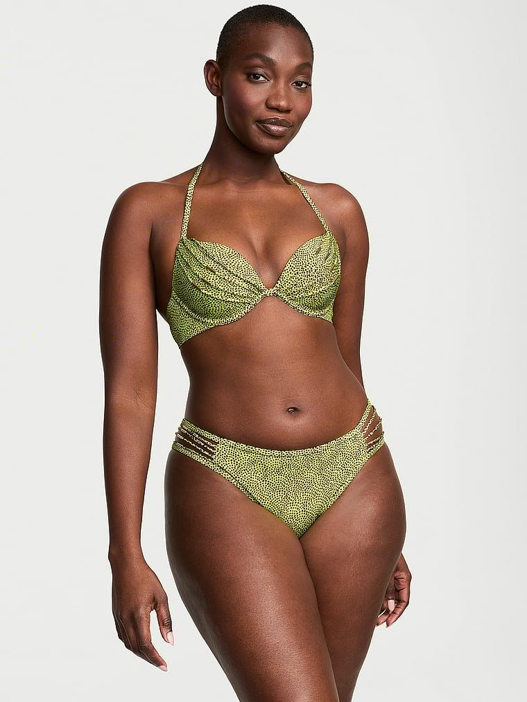 Victoria's Secret, Victoria's Secret Swim VS Archives Strappy Hardware Brazilian Bikini Bottom, Limelight Dots, onModelFront, 1 of 3 Arame is 5'11" or 180cm and wears Large