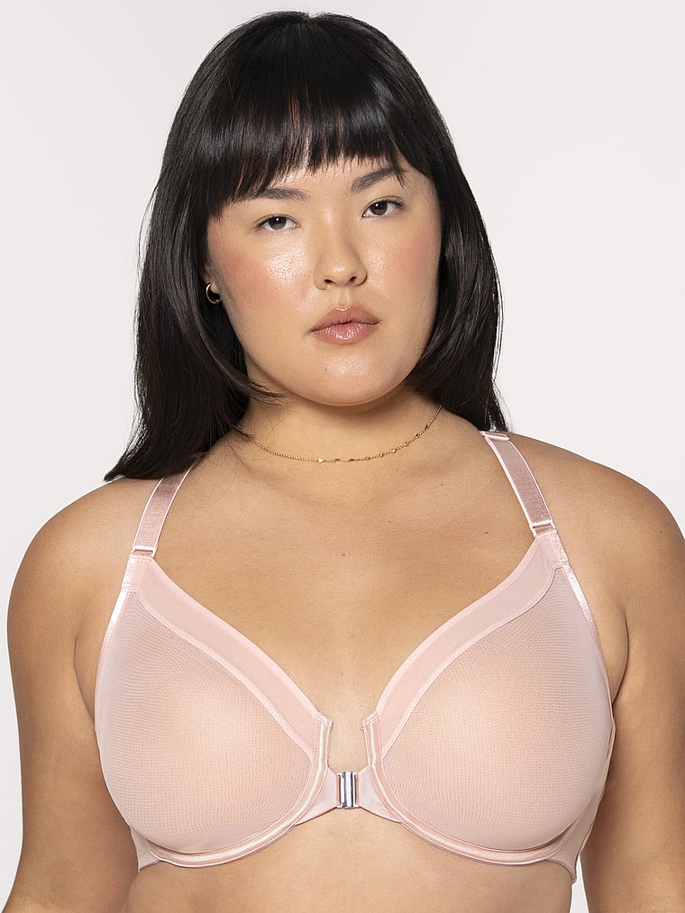 Victoria's Secret, Curvy Couture Sheer Mesh Front-Close Racerback Unlined Bra, Blushing Rose, onModelFront, 1 of 4