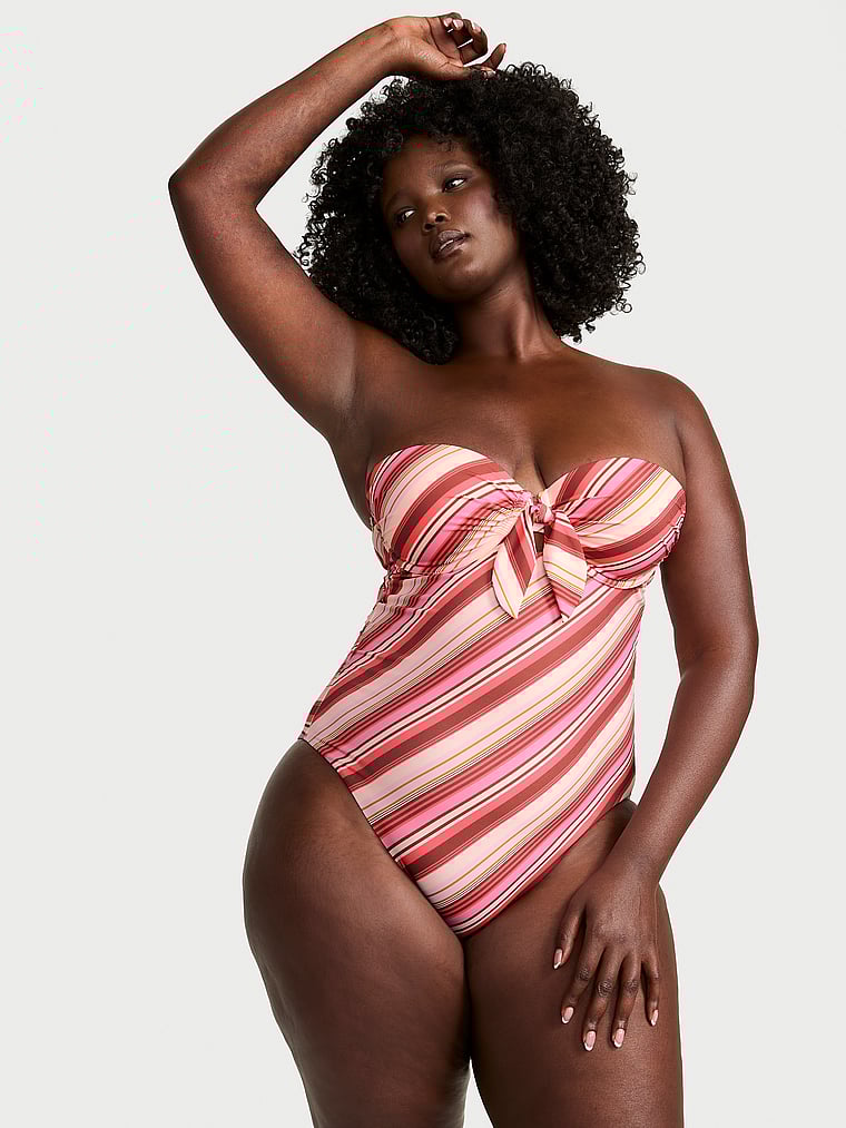 Victoria's Secret, Victoria's Secret Swim Boho Beach Push-Up Cheeky One-Piece Swimsuit, Pink Stripes, onModelFront, 1 of 3