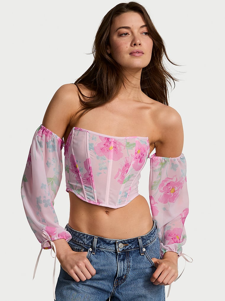 Victoria's Secret, Victoria's Secret Peony Chiffon Long-Sleeve Corset Top, Faint Pink, onModelFront, 1 of 4