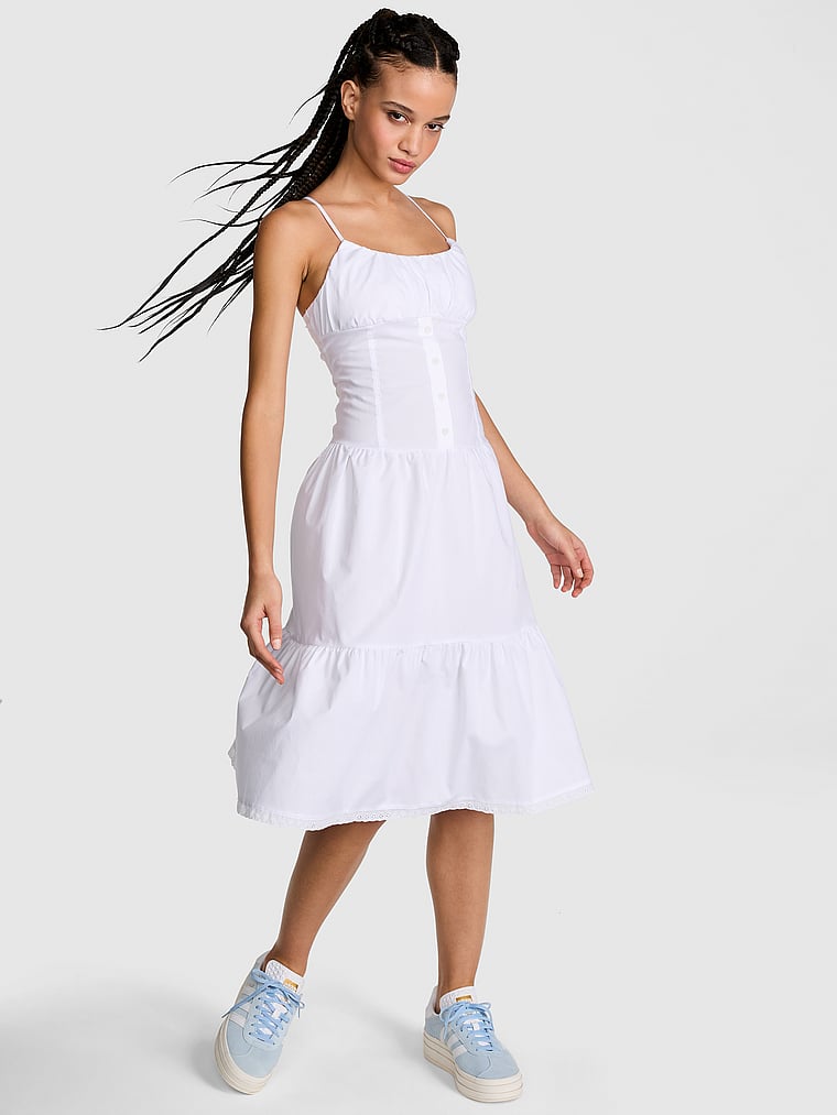 PINK by Frankies Bikinis Prairie Poplin Midi Dress, Bright White, onModelFront, 1 of 3 Yoly is 5'8" or 173cm and wears 32B or Small