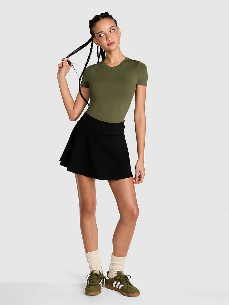 PINK All-Day Cotton Foldover Skort, Pure Black, onModelFront, 1 of 2 Yoly is 5'8" or 173cm and wears Small