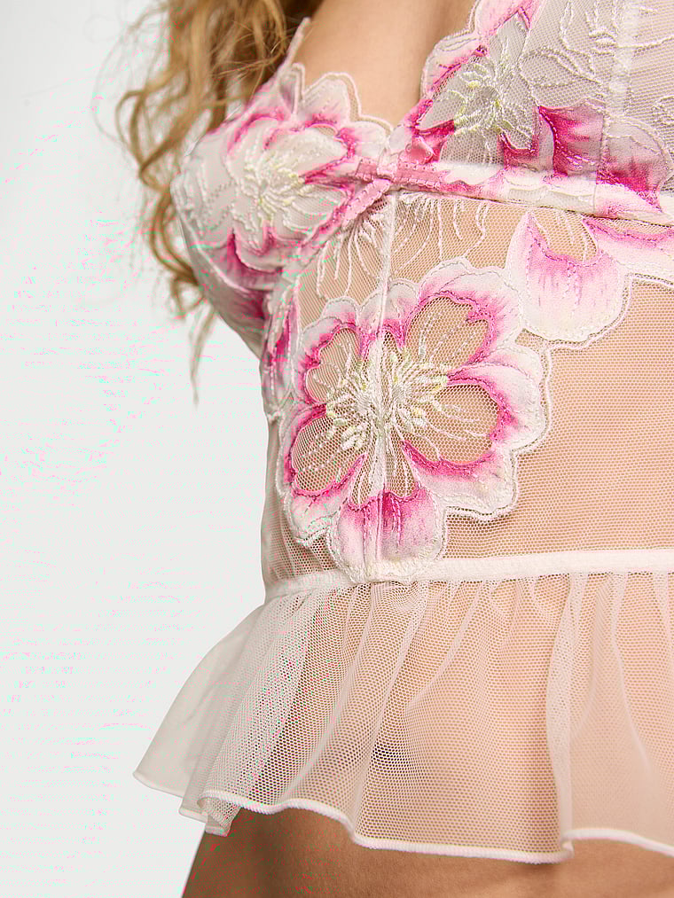 Victoria's Secret, Victoria's Secret Peony BH-Oberteil mit Volant und Stickerei, Weiß und Pink mit Pfingstrosen, detail, 3 of 5