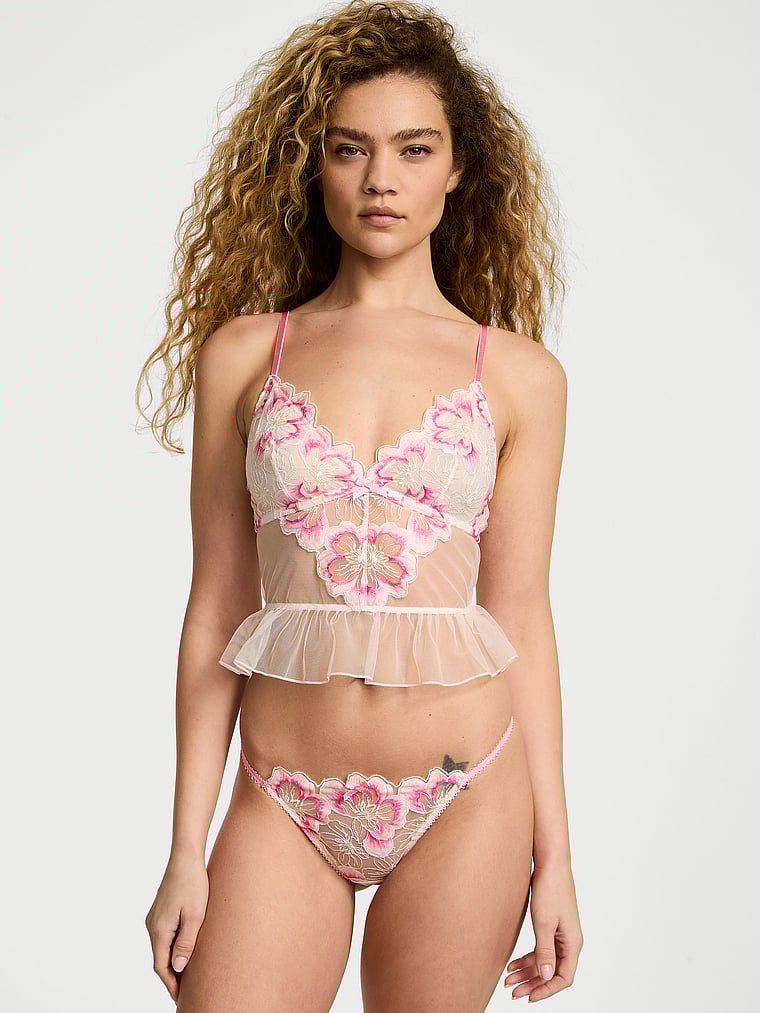 Victoria's Secret, Victoria's Secret Peony Embroidery Flounce Bra Top, White & Pink Peonies, onModelFront, 1 of 5
