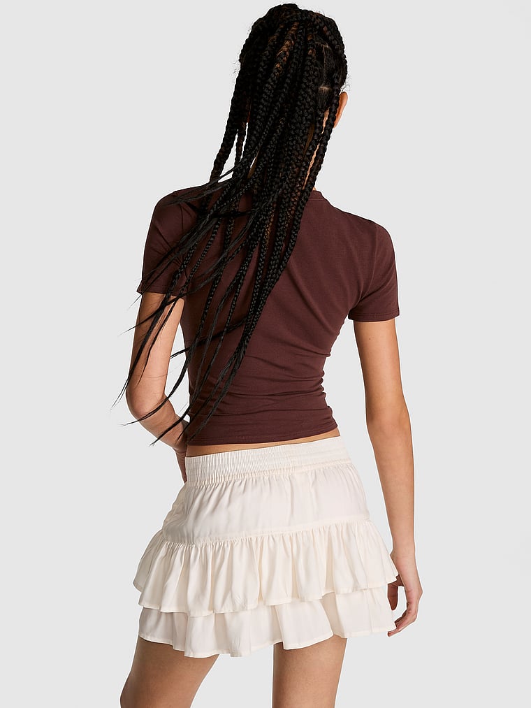 PINK Summer Fling Satin Ruffle Skirt, Winter White, onModelBack, 1 of 4 Yoly is 5'8" or 173cm and wears Small