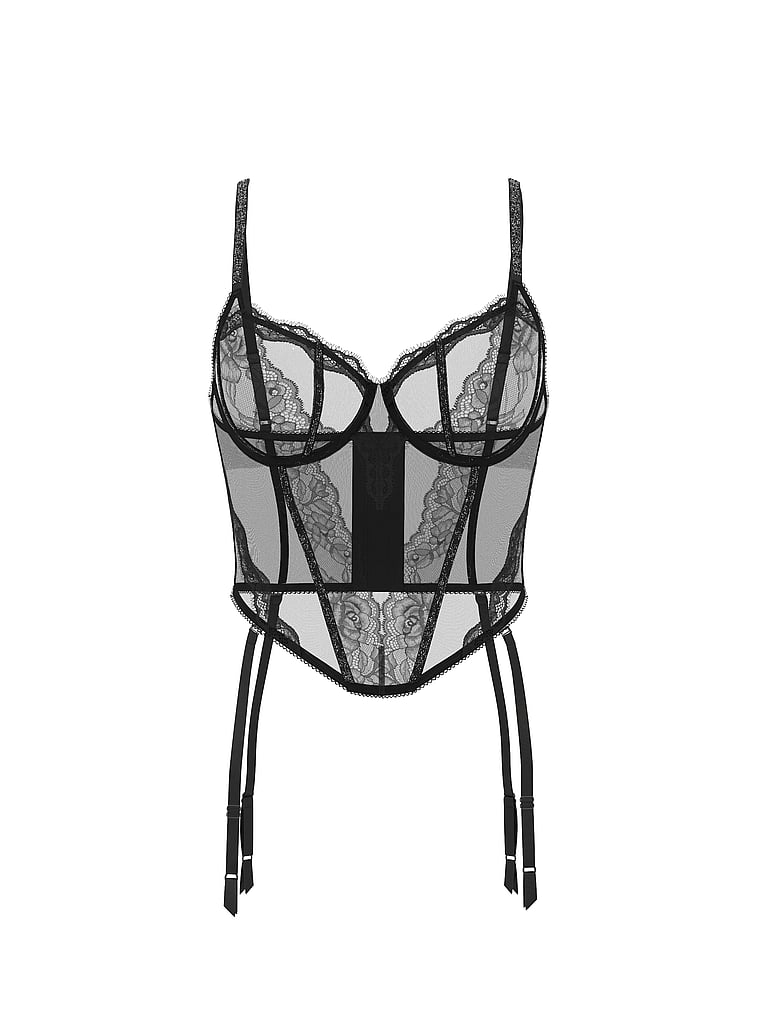 Victoria's Secret, Very Sexy Sheer Shine Rose Korsett-Oberteil, Schwarz, offModelFront, 5 of 5