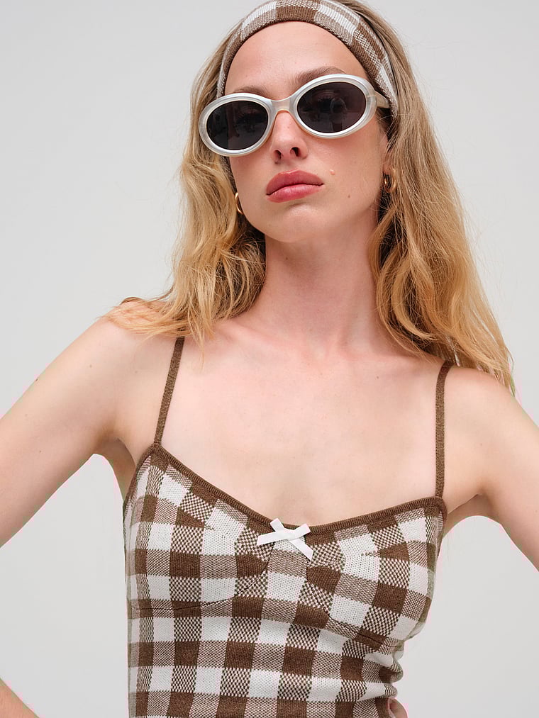 Victoria's Secret, For Love & Lemons Minikleid aus Strick mit Vichy-Karos, Braun, offModelFront, 3 of 4