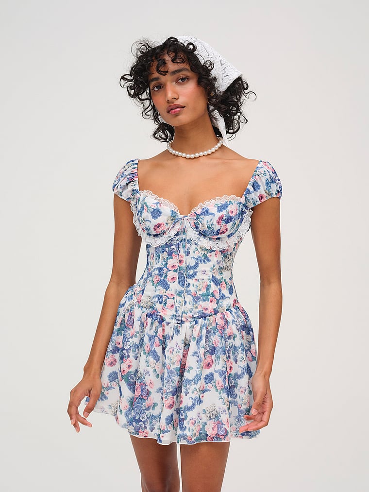 Victoria's Secret, For Love & Lemons Audrey Floral Mini Dress, Blue, onModelFront, 1 of 4