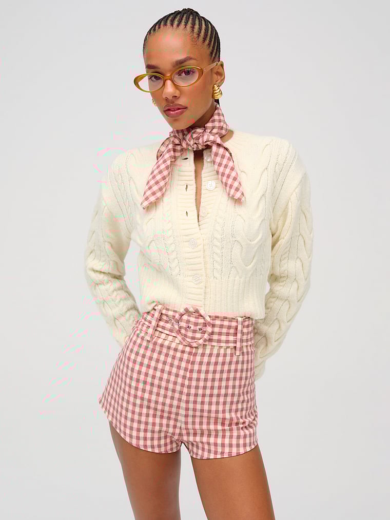 Victoria's Secret, For Love & Lemons Camille Strickjacke mit Zopfmuster, Creme, onModelFront, 1 of 3
