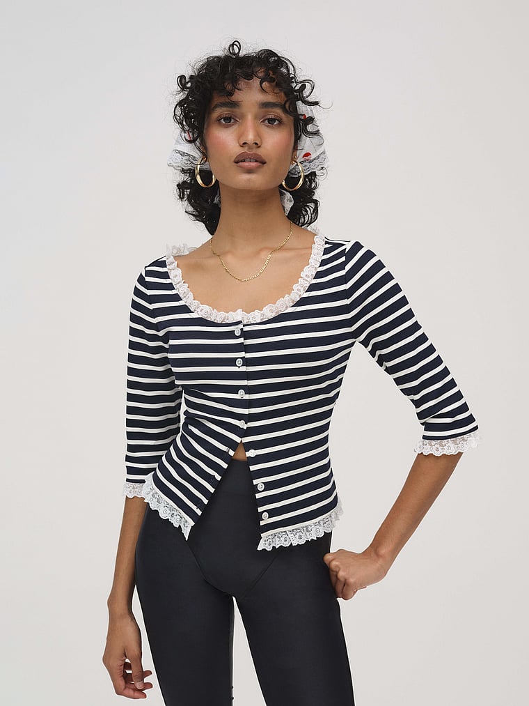 Victoria's Secret, For Love & Lemons Suzette Stripe Cardigan, Black, onModelFront, 1 of 4