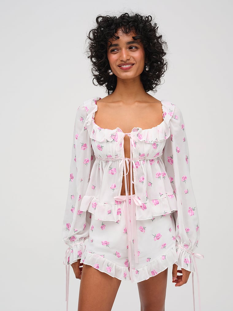Victoria's Secret, For Love & Lemons Fiona Floral Top, White/Ivory, onModelFront, 1 of 4