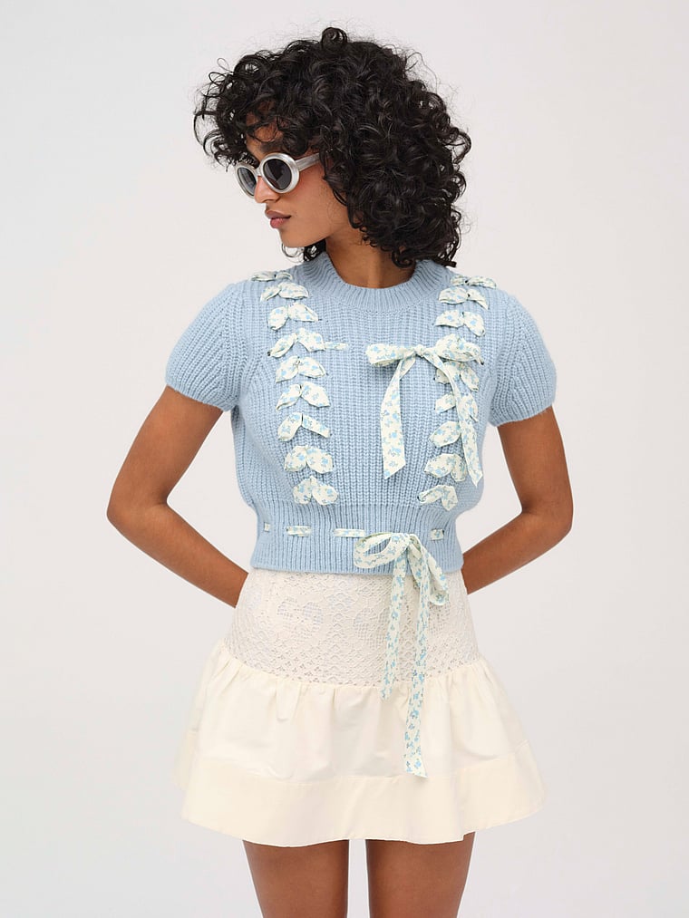 Victoria's Secret, For Love & Lemons Rosie Ribbon Knit Top, Blue, onModelFront, 1 of 4
