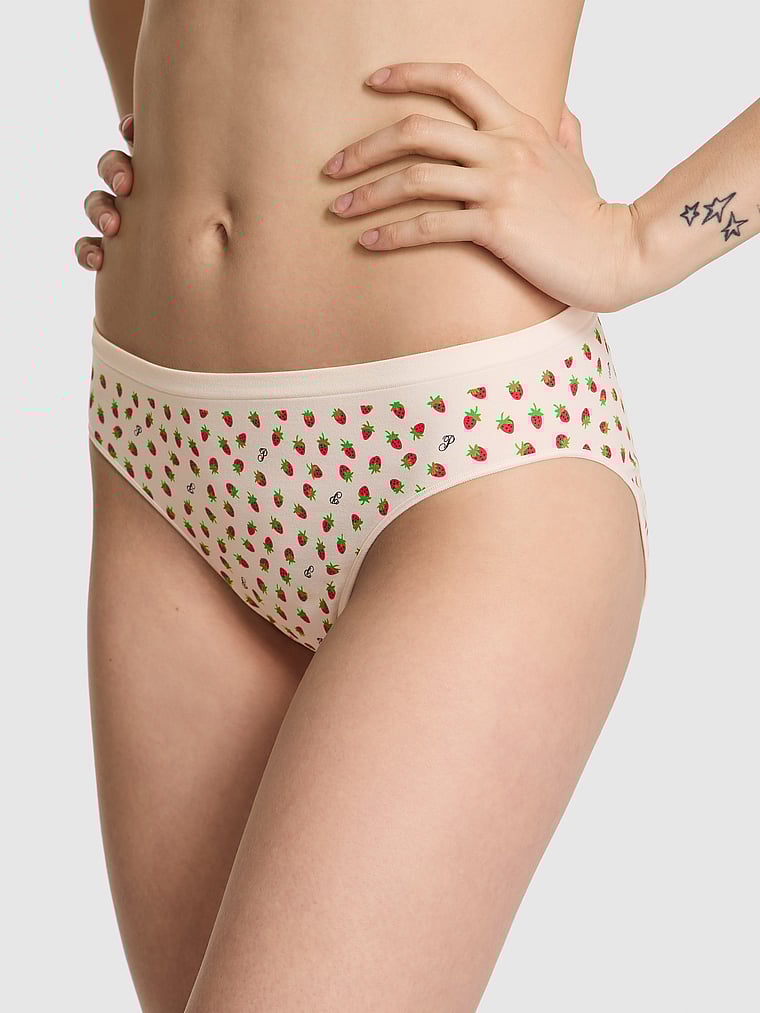PINK Seamless Bikini Panty, Winter White Strawberry Print, onModelFront, 1 of 3 Sofia is 5'10" or 178cm and wears Small