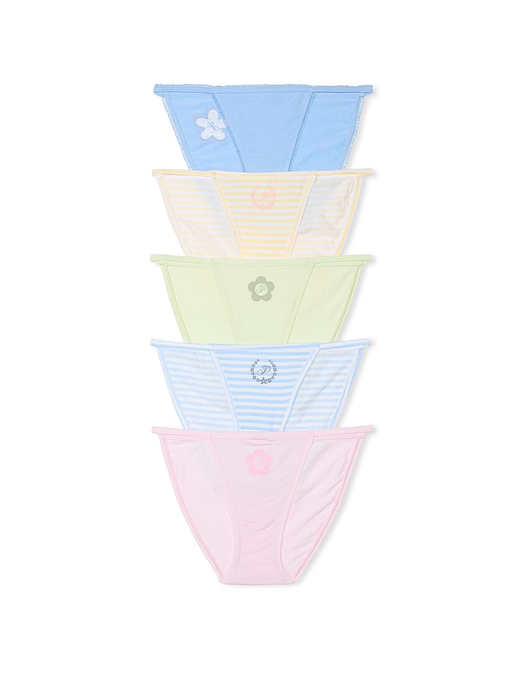 PINK 5-Pack Cotton String Bikini Panties, Flower Pack, offModelFront, 1 of 2