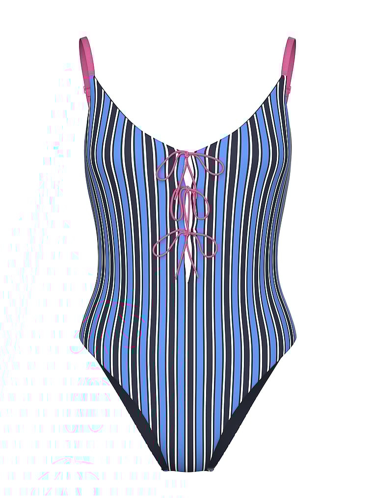 PINK Einteiliger Badeanzug mit Schnürung vorne, Limited Edition Blau mit Streifen, offModelFront, 3 of 3