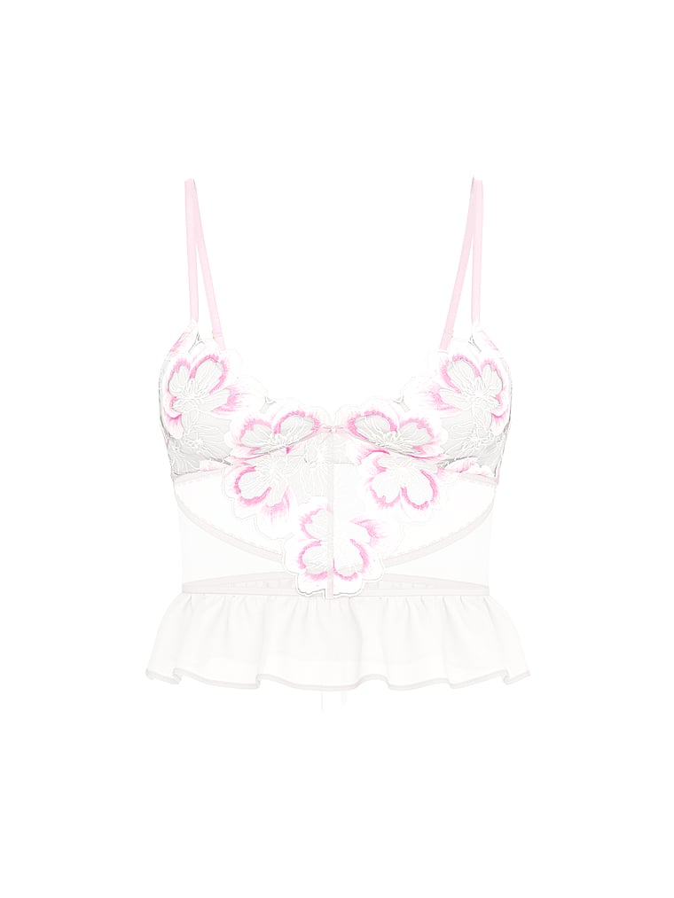 Victoria's Secret, Victoria's Secret Peony BH-Oberteil mit Volant und Stickerei, Weiß und Pink mit Pfingstrosen, offModelFront, 4 of 5